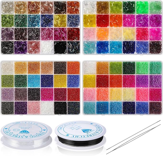 Tondiamo 32000 Pcs 2mm Glass Seed Beads and 12000 Pcs 7mm Tube Beads Set, Small Craft for DIY Bracelet Necklaces Crafting Jewelry Making Supplies with Beading Needles Elastic Strings, 48 Colors
