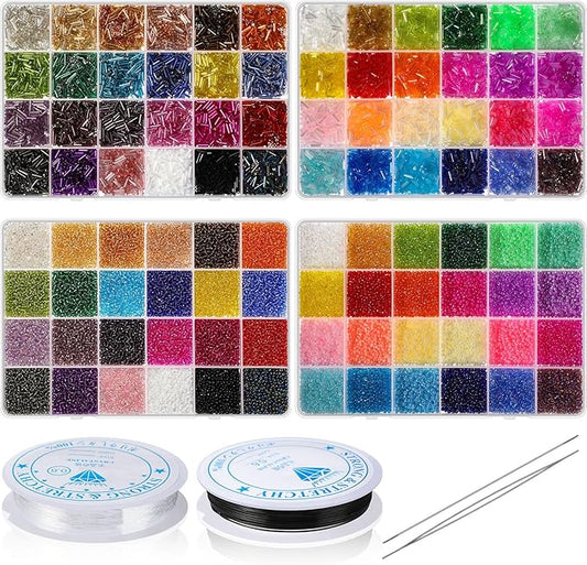 Tondiamo 32000 Pcs 2mm Glass Seed Beads and 12000 Pcs 7mm Tube Beads Set, Small Craft for DIY Bracelet Necklaces Crafting Jewelry Making Supplies with Beading Needles Elastic Strings, 48 Colors