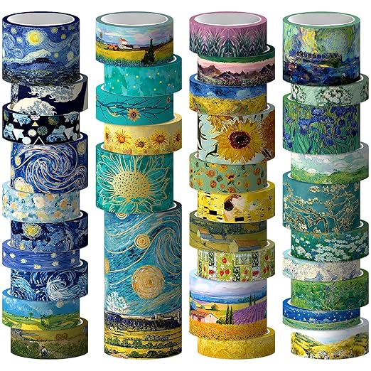 36 Rolls Van Gogh Washi Tape Set with Gold Foil, 6 Sizes Art Decorative Masking Tape, Aesthetic Masterpiece Collection for Scrapbooking, Journaling, DIY Crafts & Gift Wrapping - No-Residue