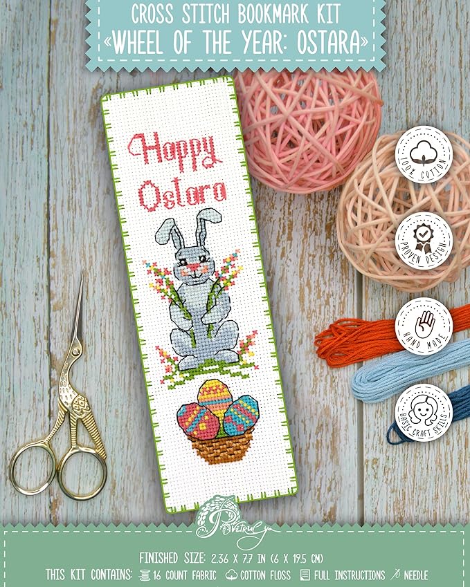 Povitrulya Cross Stitch Bookmark Kit Wheel of The Year: Ostara – Counted DIY Embroidery Set for Adults & Beginners, Bunny Easter Spring Equinox Pagan Wiccan Floral Gift