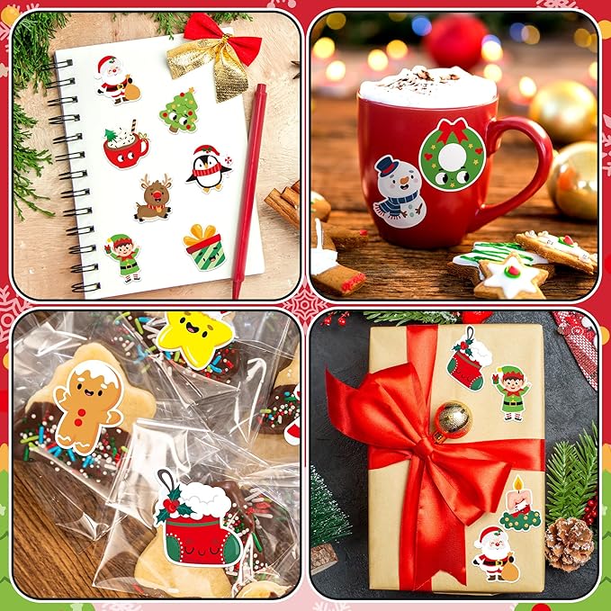 beyumi cute christmas sticker roll - 1000pcs christmas holiday stickers in 2 rolls waterproof vinyl xmas cute santa claus snowman candy cane decals gift party laptop bottle scrapbooking decor for kids