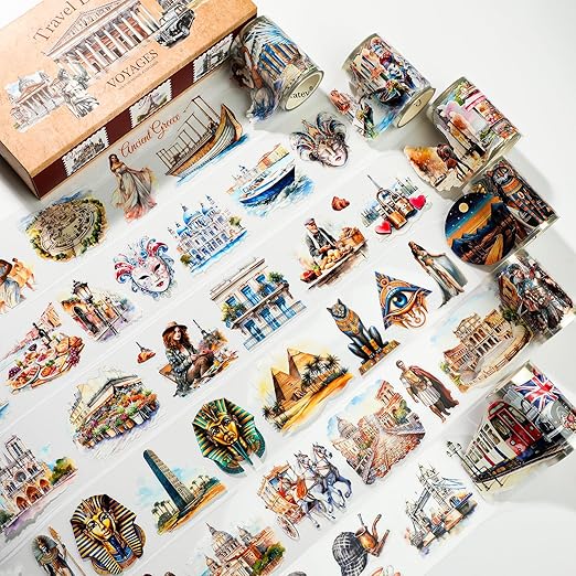 6-Roll Pre-Cut Travel Diary Wide PET Washi Tape Set - Transparent Scrapbooking Supplies, Journaling, and Crafting - Decorative Stickers, Planner Arts, and Collage