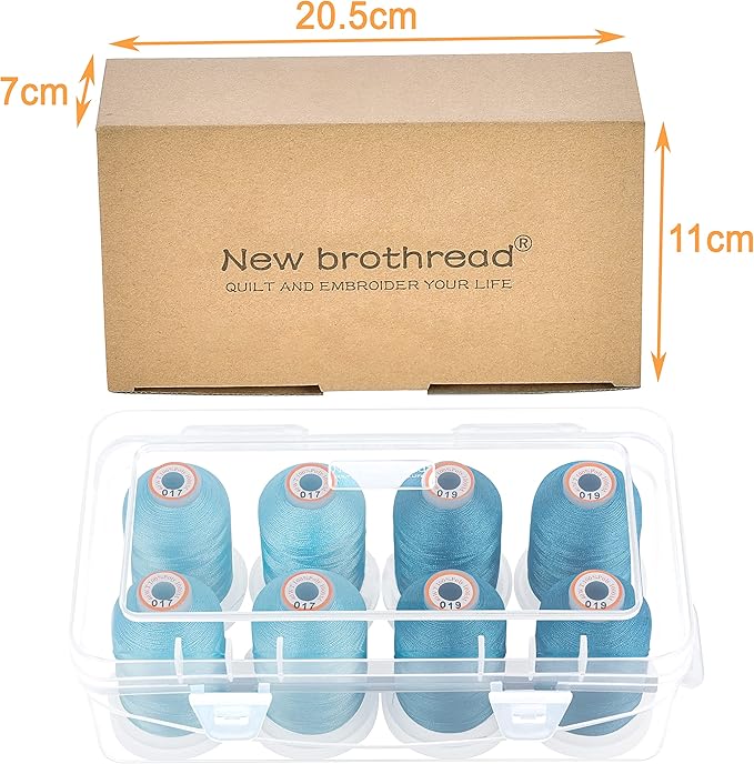 New brothread - 20 Options - 8 Snap Spools of 1000m Each Polyester Embroidery Machine Thread with Clear Plastic Storage Box for Embroidery & Quilting - 4xLight Blue+4xSky Blue