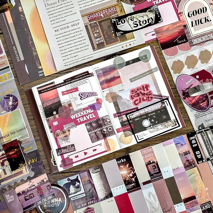 Travel Scrapbooking Supplies Kit, Holiday Aesthetic Vintage Scrapbook Kit for Bullet Junk Journal A6 Grid Notebook Stationary Journaling Supplies DIY Craft Birthday Gifts for Women Kid Teen Girl