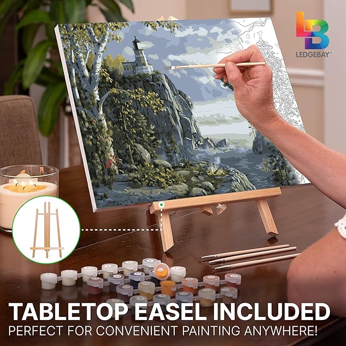 Ledgebay DIY Paint by Numbers Kit for Adults Framed Canvas: Beginner to Advanced Paint by Numbers Kit, Kits Include Acrylic Paint Set Brushes & Tabletop Easel (Guiding Light 12"x16" Framed)