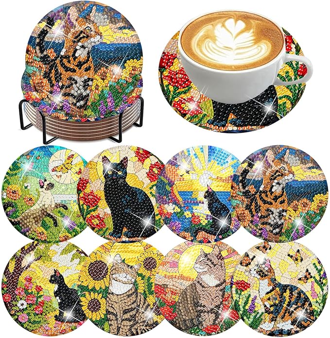 igoodom 8 Pcs Cat Diamond Art Coasters Kit with Holder, DIY Cat Diamond Painting Coasters for Beginners Adults, Non Slip Diamond Art Kits Craft Supplies 4x4inch
