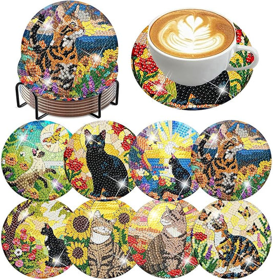 igoodom 8 Pcs Cat Diamond Art Coasters Kit with Holder, DIY Cat Diamond Painting Coasters for Beginners Adults, Non Slip Diamond Art Kits Craft Supplies 4x4inch