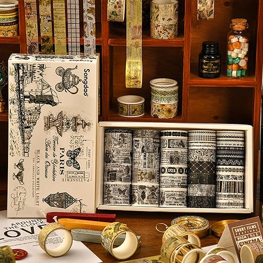 36 Rolls Vintage Washi Tape Pack Retro Arts Adhesive Tapes Wide Chronicle Decorative Masking Tape Sets for Craft, Kids, Scrapbook, DIY, Gift Wrapping (Black & White Light)