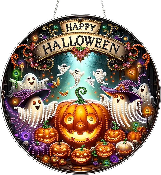 JJFox DIY Halloween Acrylic Diamond Art Painting Wreath Kits Special Shaped Rhinestone Diamond Art Window Pendants Home Garden Wall Hanging Kits Hanging Ornament (Ghosts and Pumpkins)