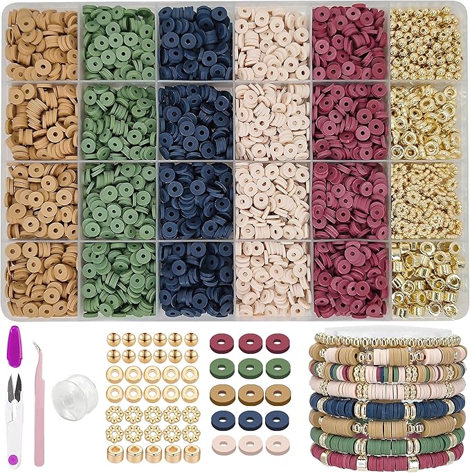 MIIIM Earth Tone Clay Bead Bracelet Kit, Heishi and Flat Clay Beads, Gold Spacer for Jewelry Making, Friendship Kit for Crafts, Concert, Raves, Gifts