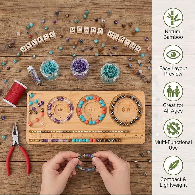 Bamboo Bead Board for Jewelry Making – Natural Bamboo Bracelet & Necklace Design Organizer with Grooved Sizes (Bracelet Slot Left)
