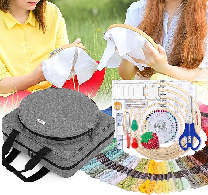 LoDrid Embroidery Kit, Embroidery Project Bag with Embroidery Kit, Portable Craft Carry Case with Starter Kit, Embroidery Supplies Storage Bag and Cross Stitch Kits for Beginners, Adults, Gray