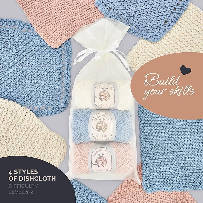 Thoughtful Stitch Knitting Kit for Beginners Adults & Kid Friendly- Complete Knitting Kit - Learn to Knit Yarn Set with Tutorial Book for Adult Hobbies - 100% Cotton Wool & Bamboo Knitting Needle
