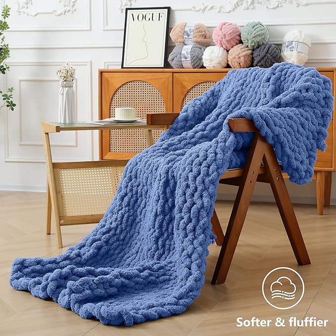 Chunky Yarn for Hand Knitting - #10 Chunky Chenille Yarn, Jumbo Big Thick Chunky Yarns for Crocheting, Super Bulky Chunky Knit Blanket Yarns, 8 Skein (25 yds 8 oz Each Skein), Country Blue