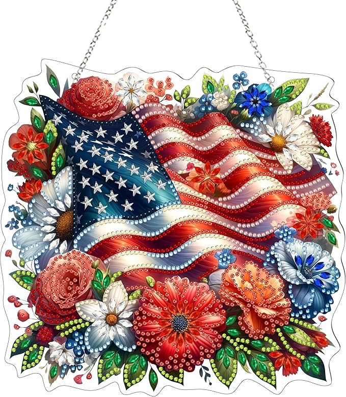 Diamond Art Hanging Kit for Adult,4Th of July Special Shaped Rhinestone,Double Sided DIY Acrylic Diamond Art Painting Window Pendants Home Garden Wall Hanging Kits Hanging Ornament (American Flag)