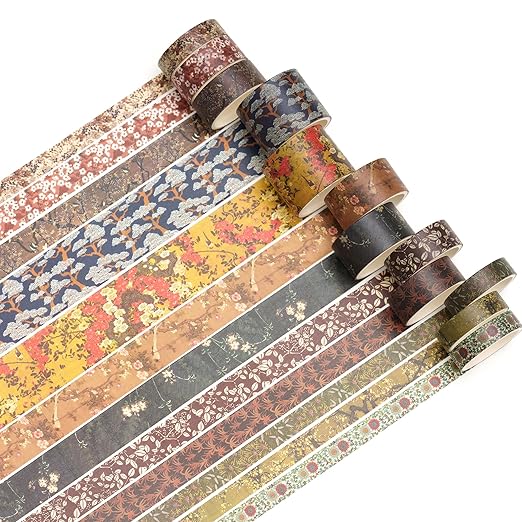 12 Rolls Chinoiserie Washi Tape Set Chinese Arts Adhesive Tapes Geometric Garden Decorative Masking Tape Sets for Craft, Kids, Scrapbook, DIY, Gift Wrapping (Serene Mountain Abode)