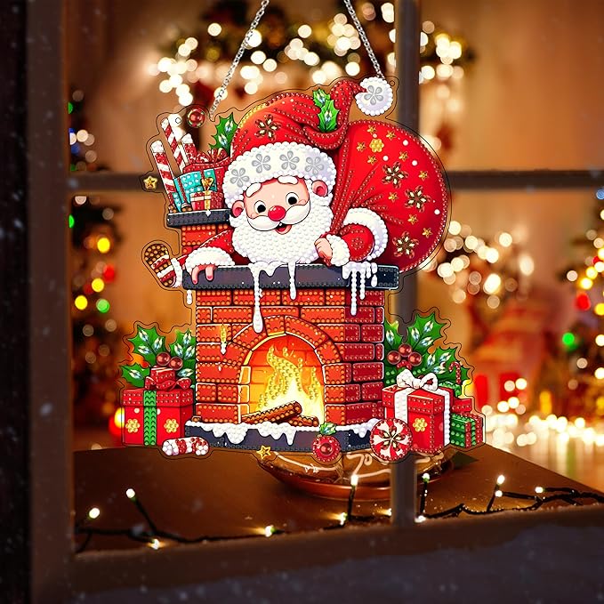 JJFox Diamond Art Hanging Kit for Adult,Special Shaped Rhinestone,Double Sided DIY Acrylic 5D Diamond Art Painting Window Pendants Home Garden Wall Hanging Kits Hanging Ornament (Father Christmas)