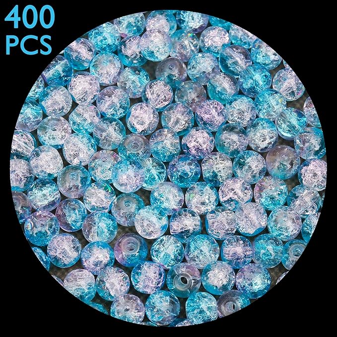 400PCs 4mm Blue Pink Crackle Glass Beads Bulk, Round Smooth Hole Glass Crystal Beads for Jewelry Making, DIY Bracelets, Necklaces, Bag Charms, Keychains and Craft Projects