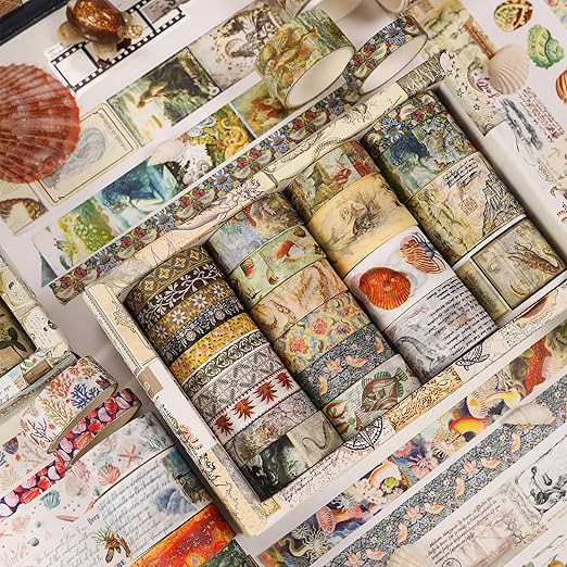 Vintage Washi Tape Set - 24 Rolls Arts Adhesive Tapes Assorted Retro Decorative Masking Tape Sets for Craft, Kids, Scrapbook, DIY, Gift Wrapping (3-Ocean Odyssey)