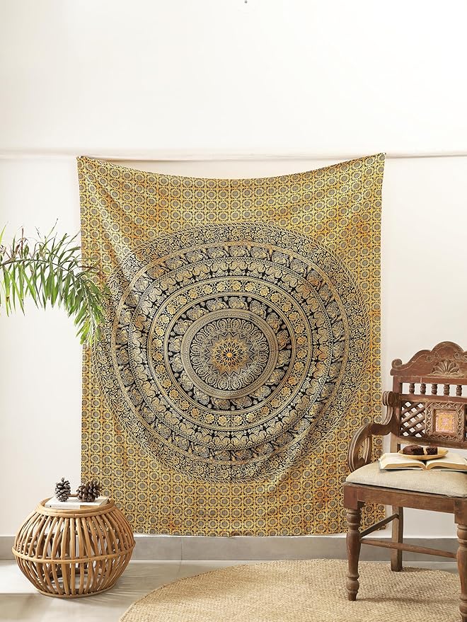 popular handicrafts mandala hippie tie dye psychedelic elephant tapestry wall hanging - indian maditation gypsy bohemian hippy dorm room decor yellow 60x54 inch