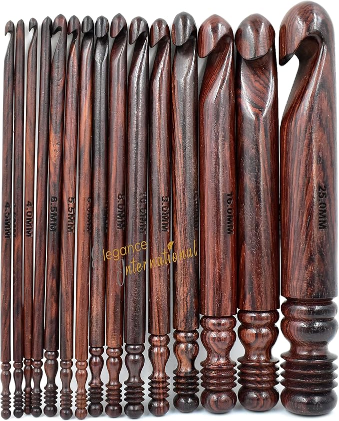 Wooden Crochet Hooks Set of 15-3.5mm to 25mm - Rosewood Crochet Hooks for Arthritic Hands - Ergonomic Soft Grip Handle - for Crocheting & Knitting - Christmas Gifts for Her(Hooks,Stand,Bowl)
