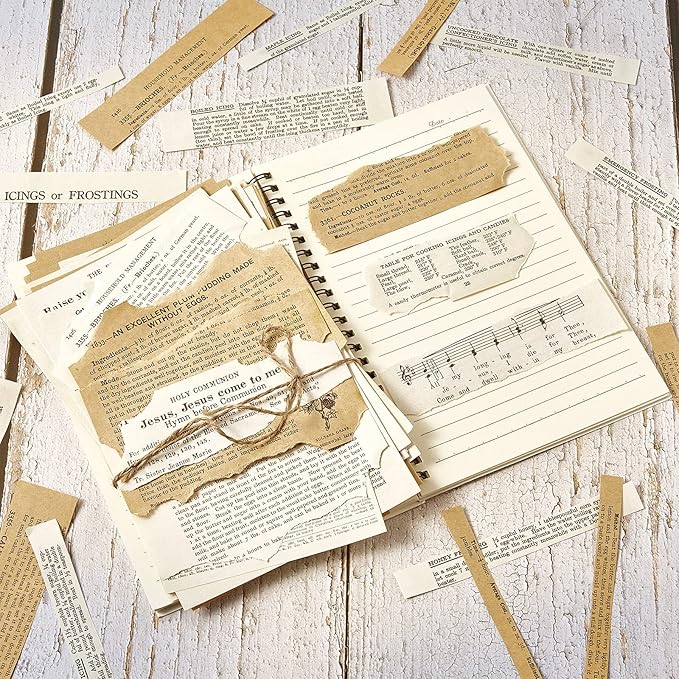 Zonon 114 Pieces 2 Sets Junk Journal Pages Vintage Ephemera Pack Craft Paper Junk Journal Vintage Paper for Albums Planner Decorative Crafts Embellishment Supplies(Old Book and Vellum Series)