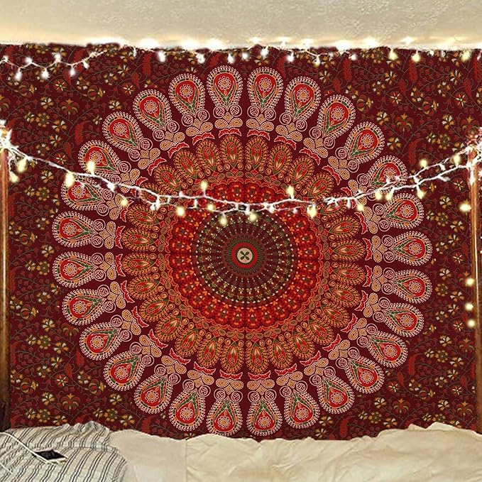 bless international handmade indian hippie bohemian psychedelic peacock mandala wall hanging college dorm beach throws table cloth bedding tapestry (maroon yellow, poster(30x40inches)(76x101cms))