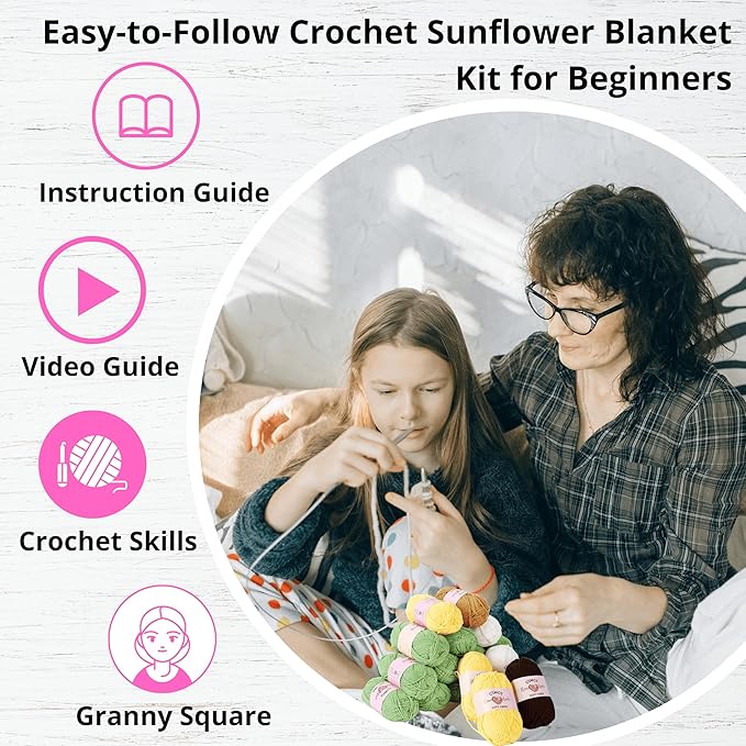 CSWCS Crochet Blanket Kit for Beginners, Sunflower Granny Square Crochet Blanket Kit for Adults, Easy Learn How to Knitting with Yarn Accessories Book & Video Tutorials for Starter (47" x 39")