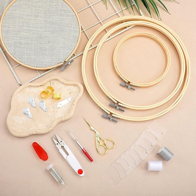 Mudder 53 Pieces Cross Stitch Tool Embroidery Starter Kit Includes Bamboo Circle Cross Stitch Hoop Ring Sewing Scissors Needle Threading Tools Thimbles Floss Bobbins Seam Ripper and Embroidery (Red)