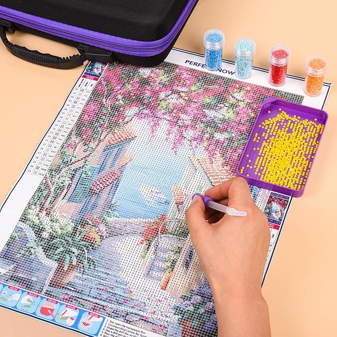 MERATIA Diamond Painting Storage Container, Diamond Art Kits for Adults Stackable Bead Organizer with Carrying Handle, Craft Storage Box with Accessories (Purple-10 Square+30 Round Bottles)