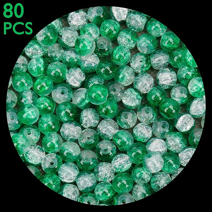 80PCs 10mm Green Crackle Glass Beads Bulk, Round Smooth Hole Glass Crystal Beads for Jewelry Making, DIY Bracelets, Necklaces, Bag Charms, Keychains and Craft Projects