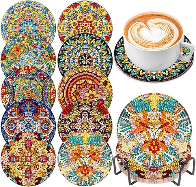 EWJRNSF 10 PCS Diamond Art Coasters Kit, Small Diamond Painting Coasters, Fall Diamond Art Kits for Adults Beginners, Arts and Crafts Supplies Item Sets with Holder Mandala