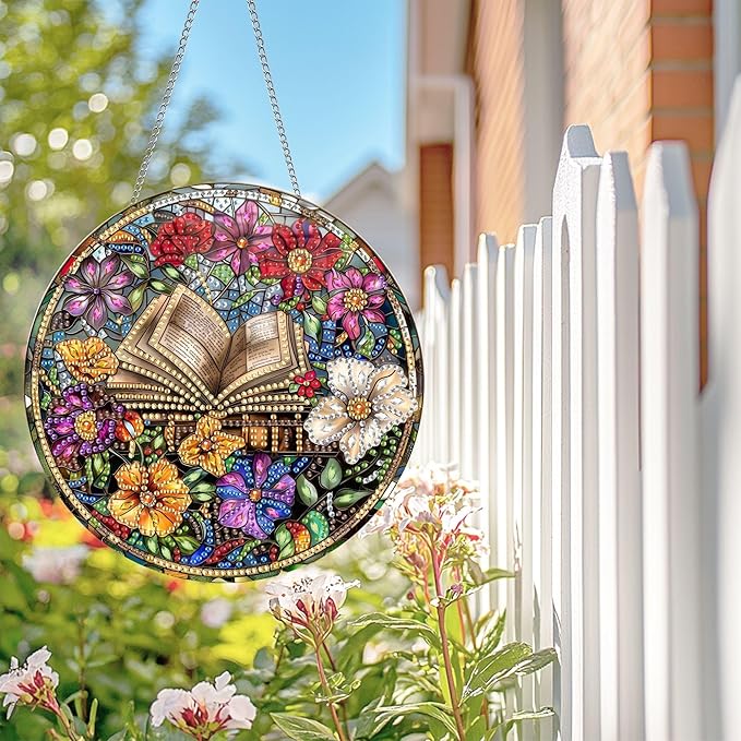Wergund 5D DIY Book Diamond Art Hanging Kits, Hanging Diamond Art Flower, Acrylic Special Shaped Rhinestone, Window Hanging Pendants for Home Wall Garden Front Door Outdoor Decor Gift(Book)-1