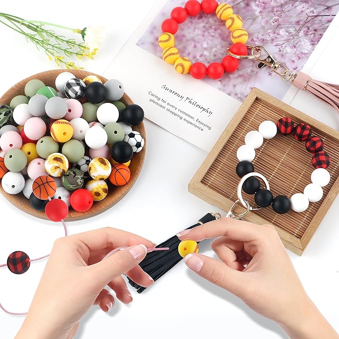 Sunrony 100pcs Sports Silicone Beads 15mm, Basketball Football Volleyball Tennis Ball Baseball Prints Silicone Beads for Keychain Making, Necklace Bracelet Making(Sports)