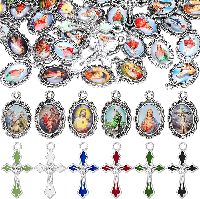 Rosary Making Kits Supplies Cross and Center Medal Charm Alloy Picture Religious Charms Crucifix Pendant for DIY Jewelry Making Prayer Bracelet Necklace Earring