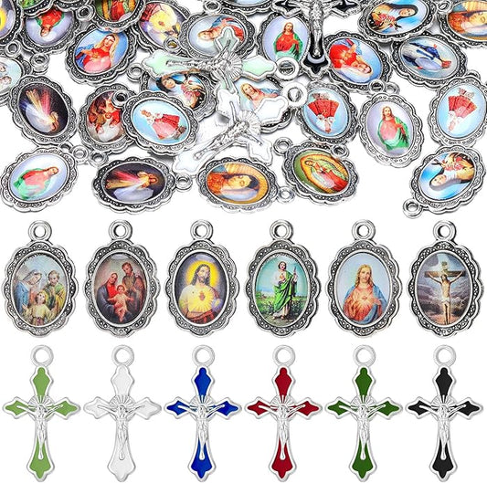 Rosary Making Kits Supplies Cross and Center Medal Charm Alloy Picture Religious Charms Crucifix Pendant for DIY Jewelry Making Prayer Bracelet Necklace Earring