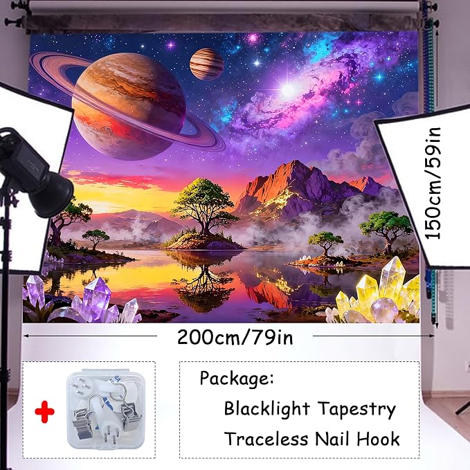 Duoduobuy 79x59 Inch Blacklight Tapestry Black Light Posters for Adults Galaxy Space Glow in the Dark Tapestry Trippy Landscape Planet Magical Trees Crystals Wall Decor with Traceless Nail Hook Kit