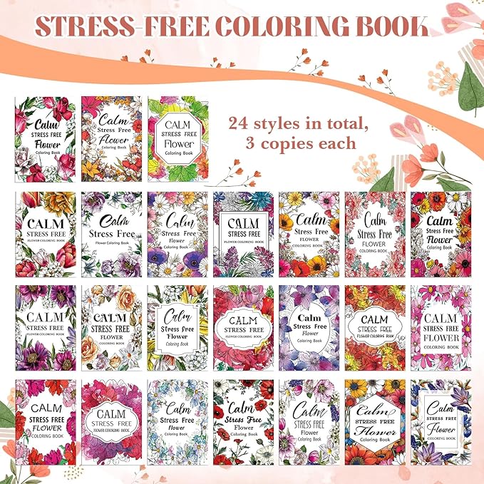 Liliful 72 Pcs Flower Coloring Book Bulk for Adult Calm Supplies DIY Art Stress Relief Drawing Book with Colorful Flower Patterns Favors Goodie Bag Filler and Holiday Gifts