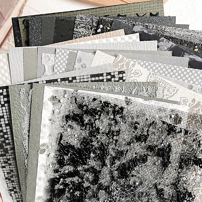 30Pcs Unique Handmade Textured Scrapbook Paper&Mesh Fabric set - A5 sheet Black&Gray Craft Mulberry Special Mix for Scrapbooking Junk Journaling Supplies Card Collage DIY Materials, 5.8x8.2 inches