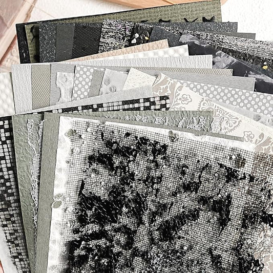 30Pcs Unique Handmade Textured Scrapbook Paper&Mesh Fabric set - A5 sheet Black&Gray Craft Mulberry Special Mix for Scrapbooking Junk Journaling Supplies Card Collage DIY Materials, 5.8x8.2 inches