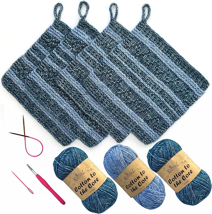 KnitPal Everyday Joy Knitting Kit – Make 4 Reusable Dishcloths for Confident Beginners – Cotton to The Core Yarn (#3 DK), Needles, Patterns & Video Tutorials (Jean Blue + Sky Blue)