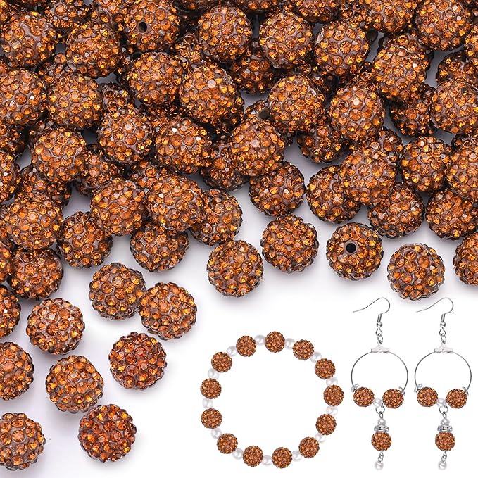 150 pcs 10mm Rhinestone Beads for Jewelry Making, Brown Shiny Round Shamballa Disco Beads Bulk, Sparkle Crystal Clay Christmas for Bracelet Baseball Necklace Earring Crafting and DIY