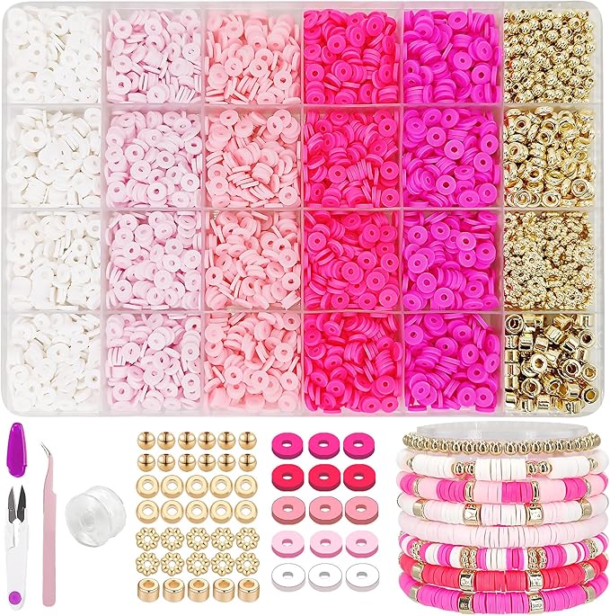 MIIIM Pink Clay Bead Bracelet Kit, Heishi Beads, Flat Clay Beads and Gold Spacer Beads for Jewelry Making, Friendship Bracelet Beads Kit for Crafts, Concert, Raves, Gifts