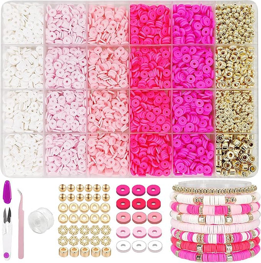 MIIIM Pink Clay Bead Bracelet Kit, Heishi Beads, Flat Clay Beads and Gold Spacer Beads for Jewelry Making, Friendship Bracelet Beads Kit for Crafts, Concert, Raves, Gifts