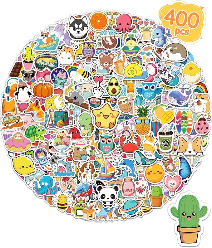 400 pcs stickers for kids, cute water bottle vinyl waterproof laptop stickers for students gifts school supplies classroom teacher prizes sticker pack for kids girls teens