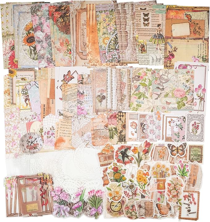 Knaid 200 Piece Vintage Ephemera Bundle - Paper & Sticker Kit for Junk Journaling, Scrapbooking, Planners, Bullet Journals, Collage, Decoupage - Cottagecore Themed - Pastel/Earthy Tones