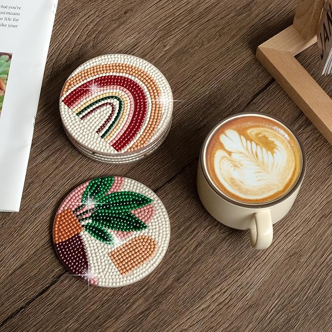 Temlum 6 Pcs Diamond Painting Coasters Kit, Abstract Plant Diamond Art Coasters for Beginners, Adults Small Diamond Painting Kit Art Craft Supplies