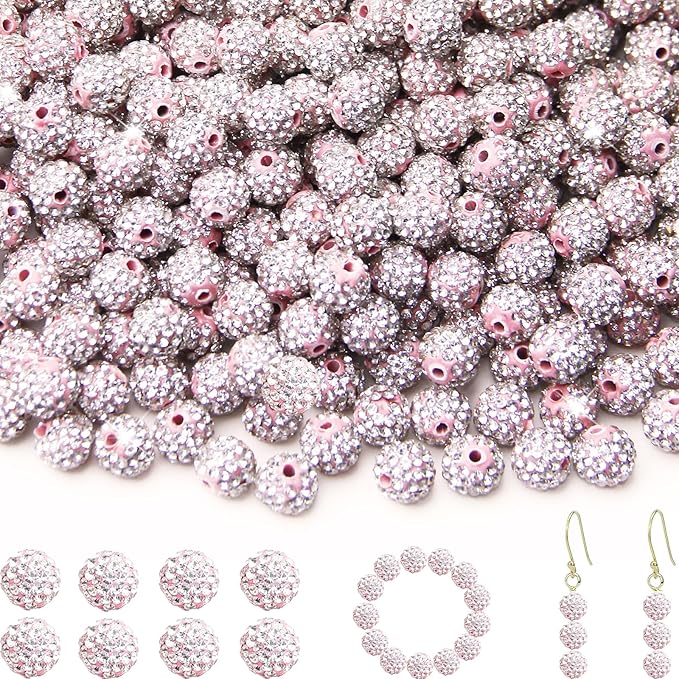 200 Pcs 10mm Rhinestone Beads for Jewelry Making, Light Pink Shiny Round Shamballa Disco Baseball Necklace Beads Sparkle Crystal Clay Pave Rhinestones Bead for DIY Bracelet Earring Making Supplies