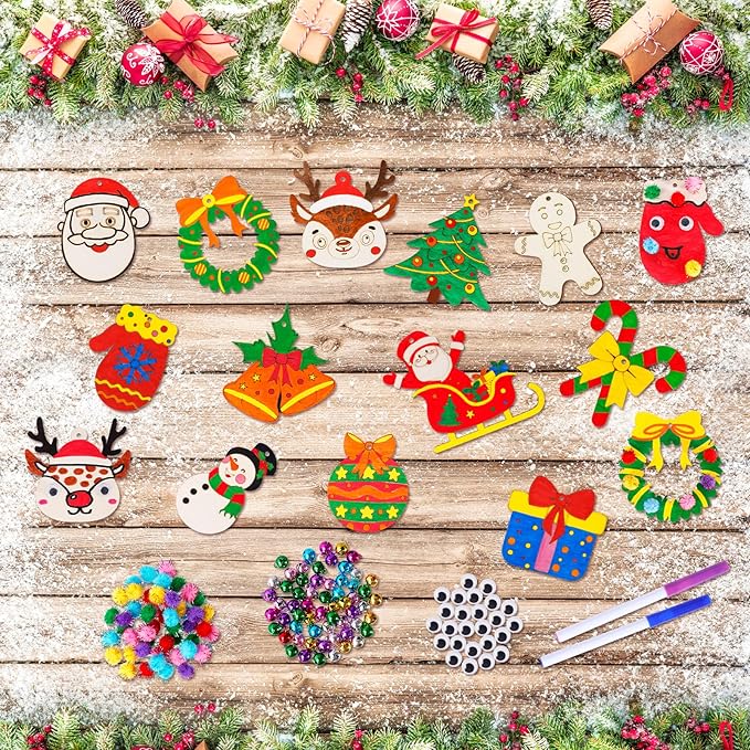 MGparty 60Pcs DIY Wood Slices, Wooden Christmas Ornaments Bulk for Crafts, Unfinished Paintable Wooden Hanging Decorations, Wood Kit for Crafts with 12 Coloured Pens and 60 Jingle Bells