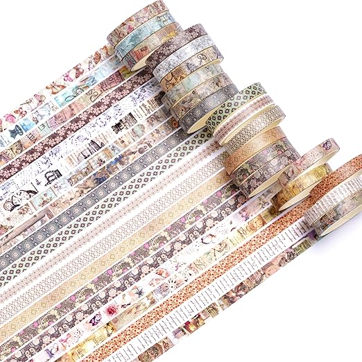 20 Rolls Skinny Vintage Washi Tape Set Retro Arts Adhesive Tapes Basic Patterns Decorative Masking Tape Sets for Craft, Kids, Scrapbook, DIY, Gift Wrapping (Ephemeral Blossoms)